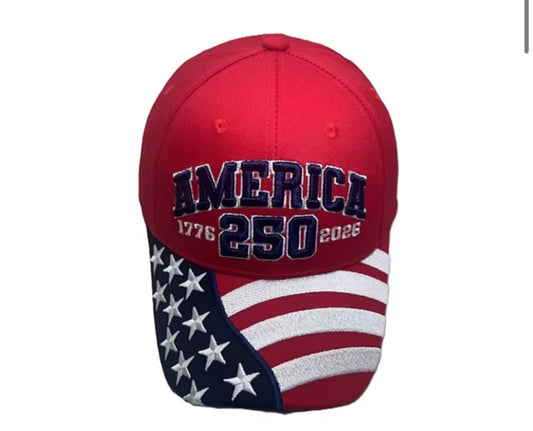 America 250 Embroidered Patriotic Cap – Red